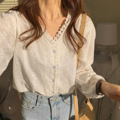 Korean White lace embroidered v-neck loose shirt