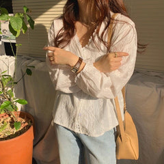 Korean White lace embroidered v-neck loose shirt