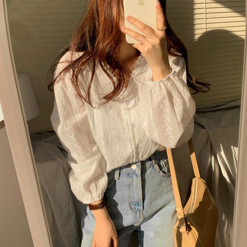 Korean White lace embroidered v-neck loose shirt