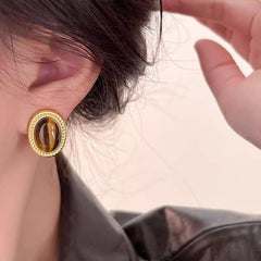 Vintage French Tiger Eye Stud Earrings for Women, Unique Design, Elegant and Sophisticated, Mellow Gold Earrings