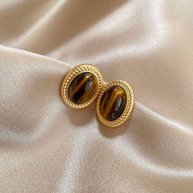 Vintage French Tiger Eye Stud Earrings for Women, Unique Design, Elegant and Sophisticated, Mellow Gold Earrings