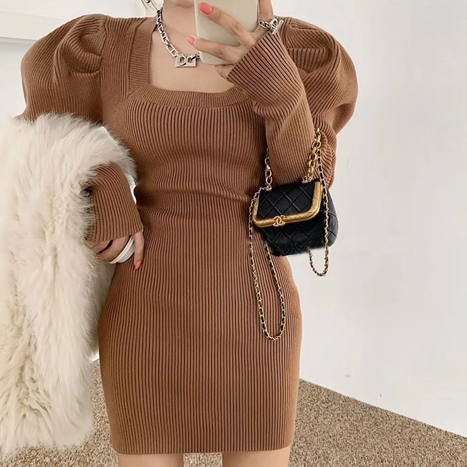 Square Neck Knit Puff Sleeve Bodycon Dress - Autumn/Winter