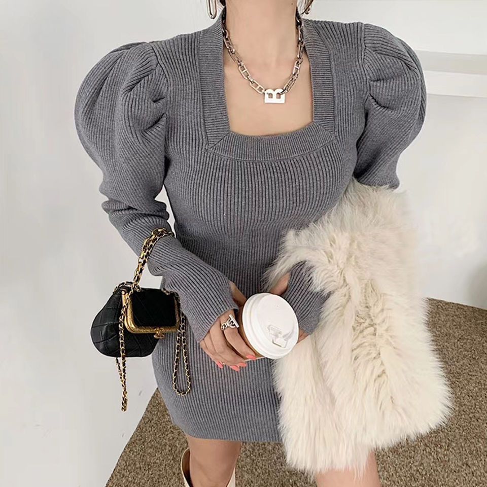 Square Neck Knit Puff Sleeve Bodycon Dress - Autumn/Winter