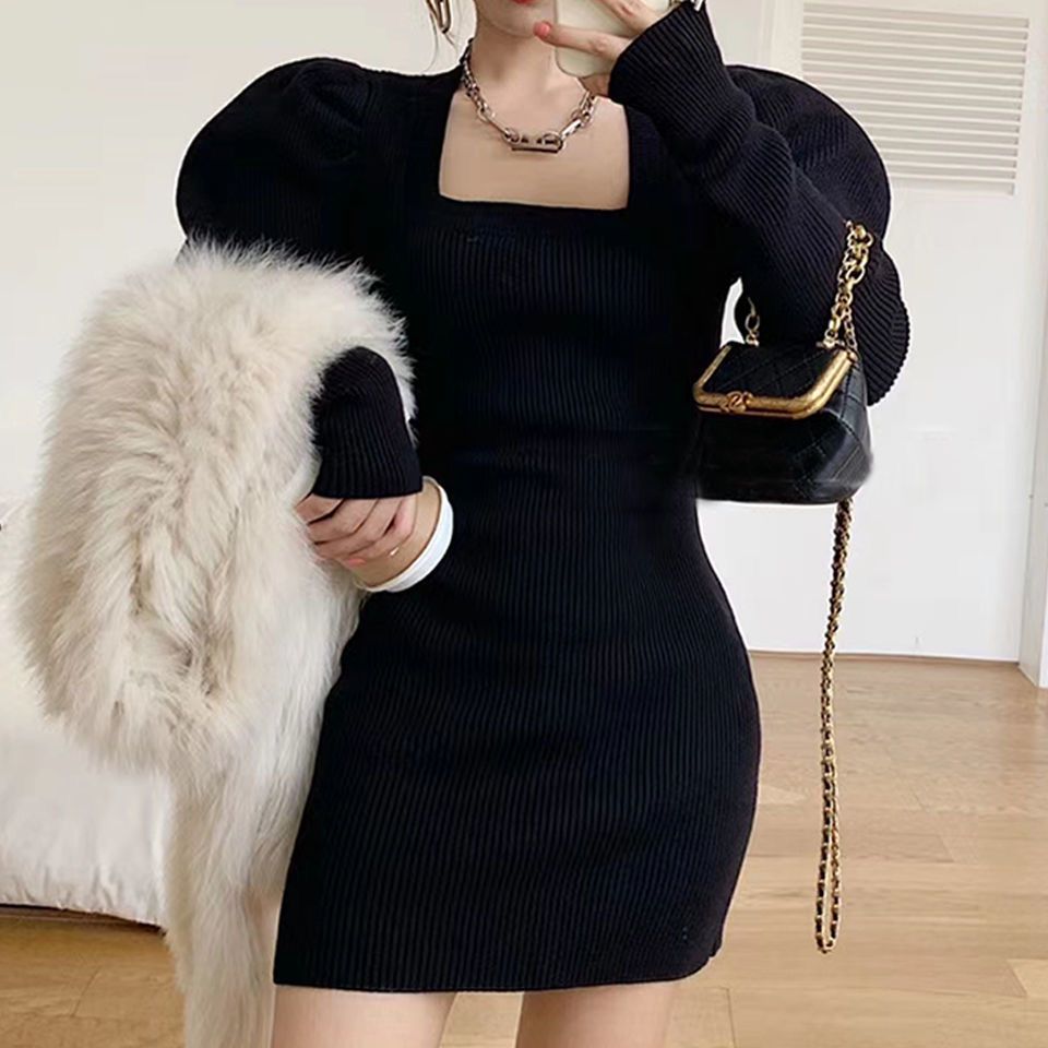 Square Neck Knit Puff Sleeve Bodycon Dress - Autumn/Winter