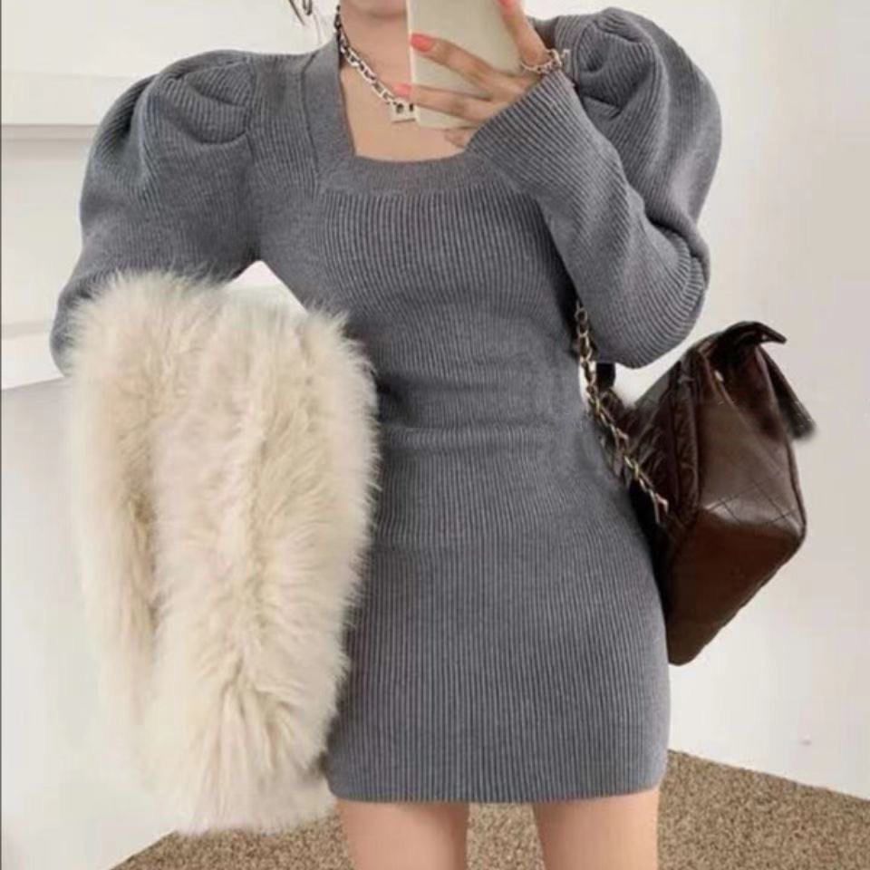 Square Neck Knit Puff Sleeve Bodycon Dress - Autumn/Winter