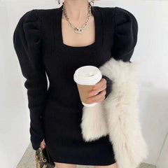 Square Neck Knit Puff Sleeve Bodycon Dress - Autumn/Winter