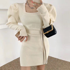 Square Neck Knit Puff Sleeve Bodycon Dress - Autumn/Winter