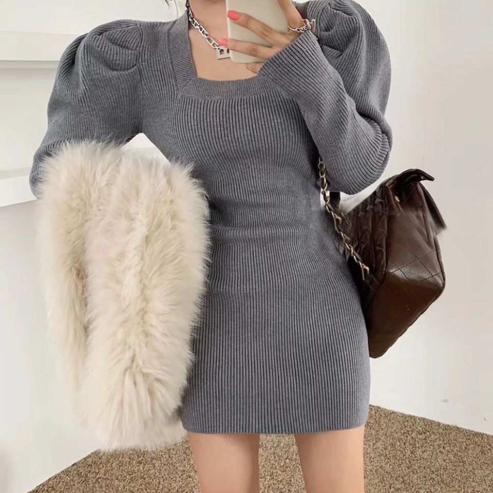 Square Neck Knit Puff Sleeve Bodycon Dress - Autumn/Winter