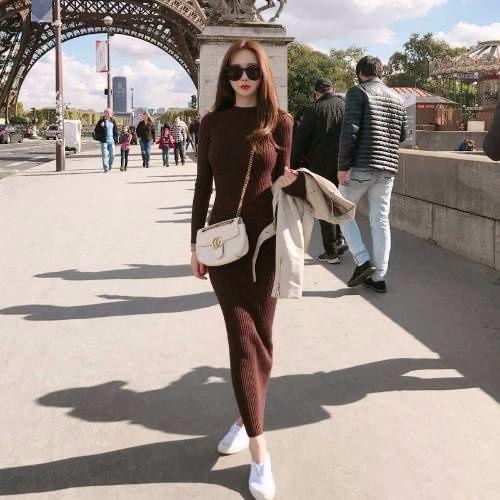 Extra-Long Knit Sweater Dress - Slim Fit Over-Knee