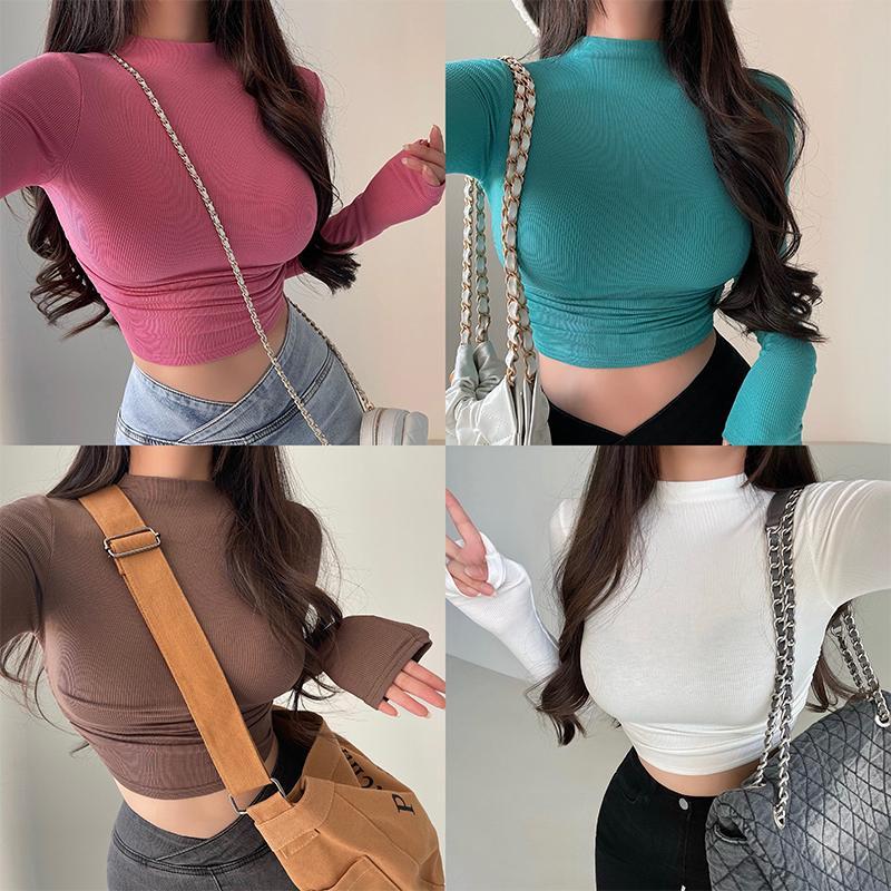 Ins-Style Half Turtleneck Short Top for Women, High-End Feel Slim Fit Long Sleeve T-shirt, Layering Shirt