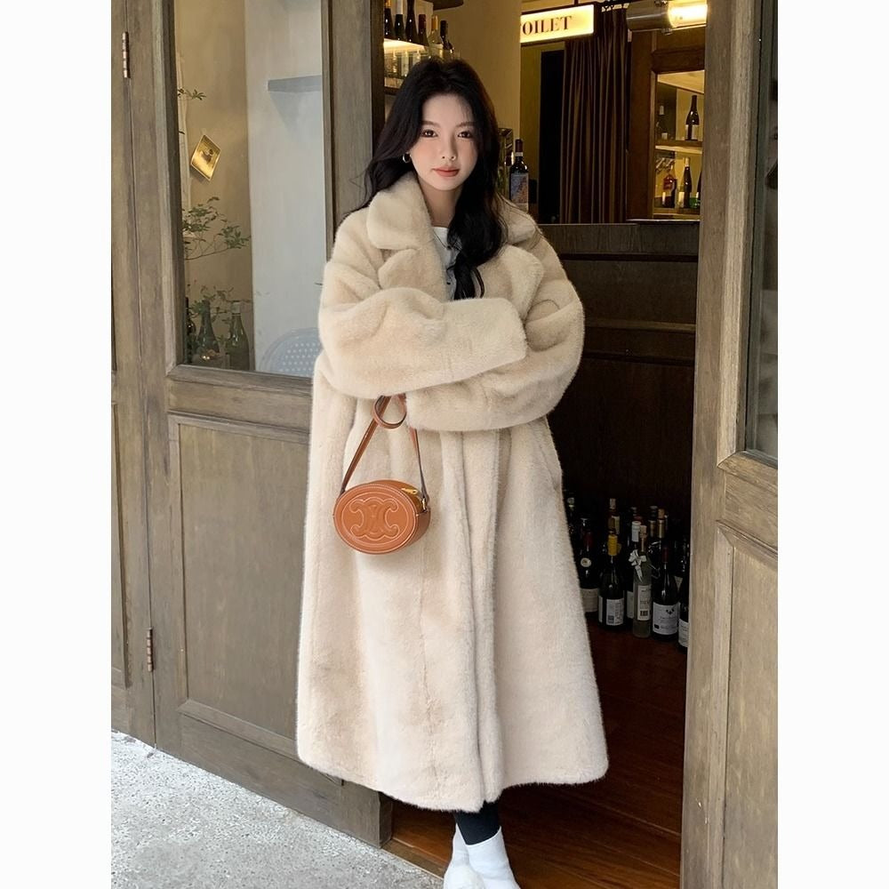 Eco-Friendly Faux Mink Fur Long Coat for Women, Thickened European Mink Fur, Loose Fit with Suit Collar