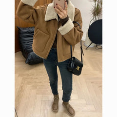 European-Style High-End Sheepskin-Lamb Wool Coat for Women, Thickened Motorcycle Jacket with Turn-Down Collar