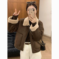 European-Style High-End Sheepskin-Lamb Wool Coat for Women, Thickened Motorcycle Jacket with Turn-Down Collar