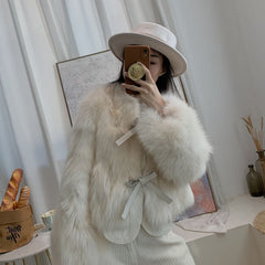 Women's Faux Fox Fur Coat - Short Style, Korean Version, Tie Design, Thick and Versatile