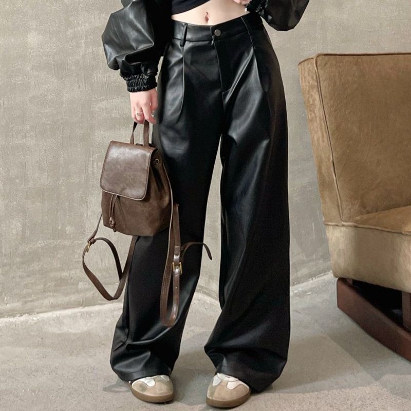 Loose Fit High Waist PU Leather Pants for Women | Vintage Straight-Leg Casual Trousers