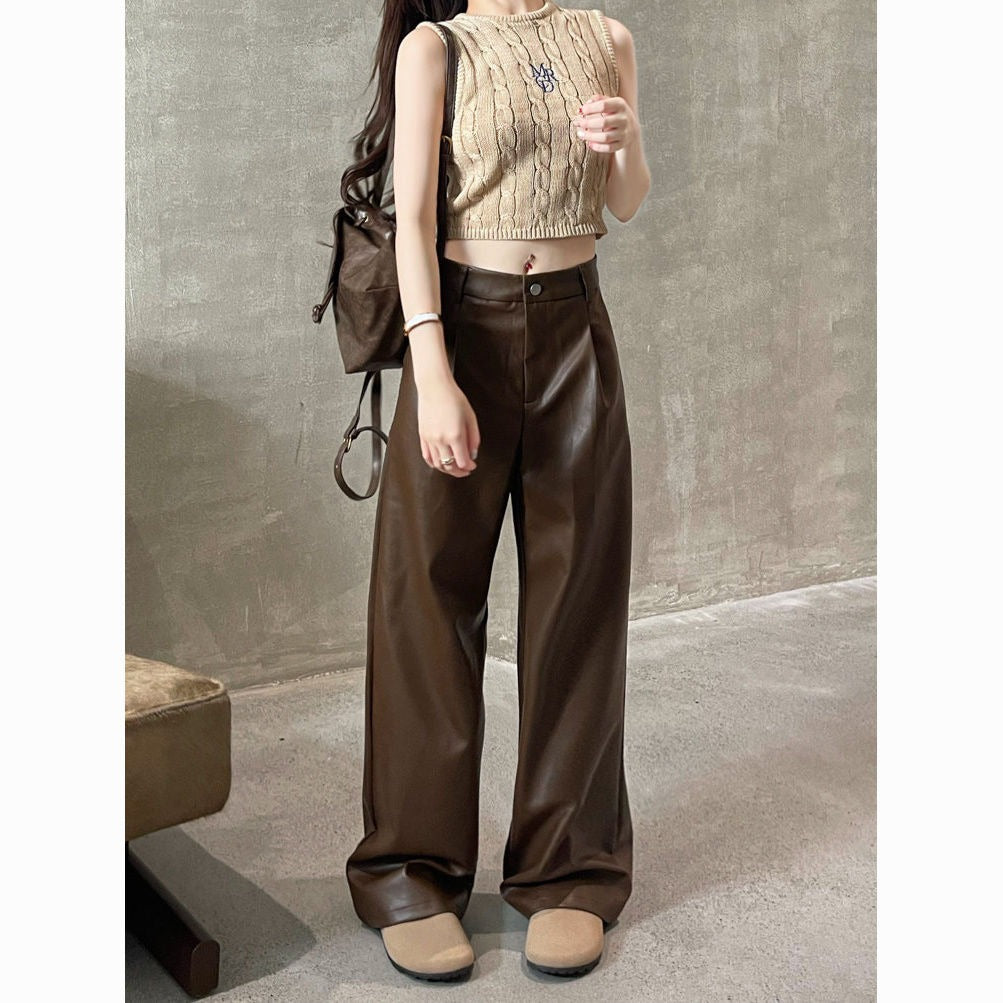 Loose Fit High Waist PU Leather Pants for Women | Vintage Straight-Leg Casual Trousers