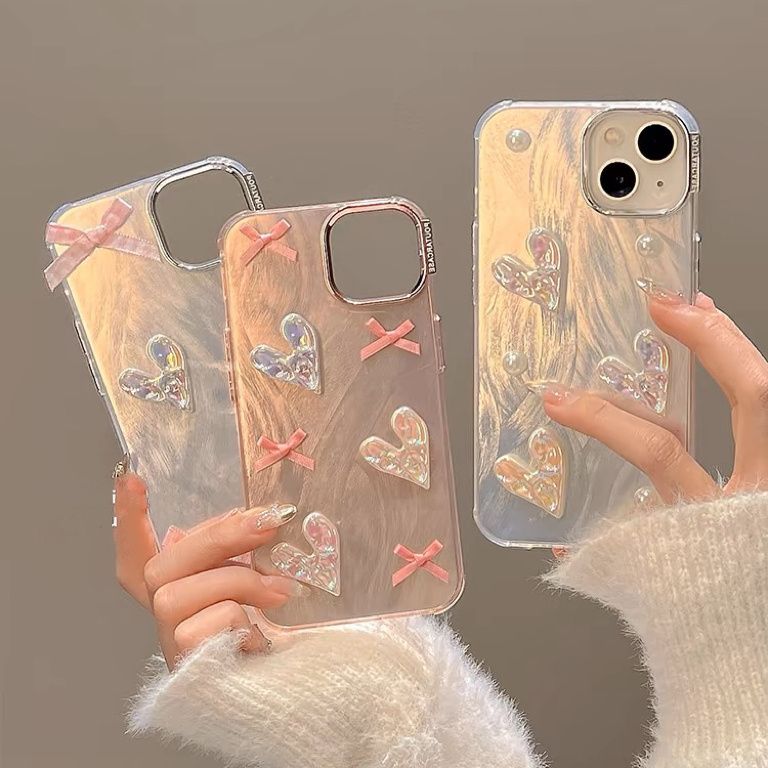 Elegant Pearl Bow Heart iPhone Case for iPhone 15 Pro Max, 14, 13, 12, 11 | Luxe & Unique Design