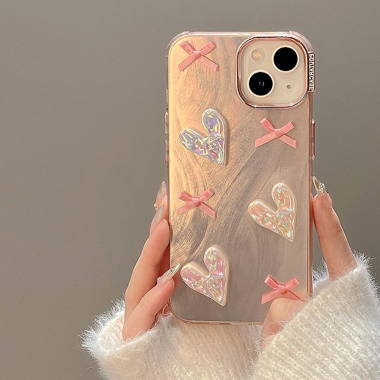 Elegant Pearl Bow Heart iPhone Case for iPhone 15 Pro Max, 14, 13, 12, 11 | Luxe & Unique Design