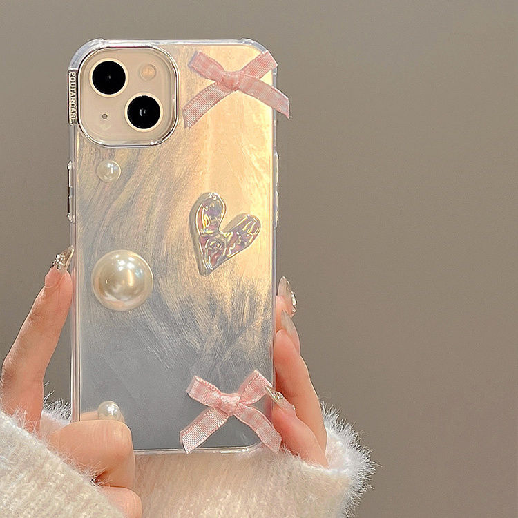 Elegant Pearl Bow Heart iPhone Case for iPhone 15 Pro Max, 14, 13, 12, 11 | Luxe & Unique Design