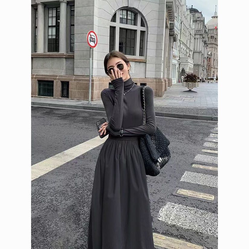 Elegant Audrey Hepburn-Inspired Midi Dress for Women | Korean Slim-Fit Long Skirt