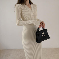 Slim-Fit Knit Sweater Dress for Women | Over-the-Knee Waist-Cinching Bodycon Dress for Layering