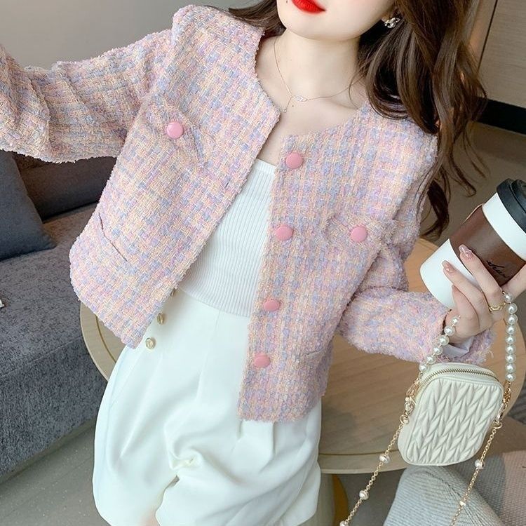 Korean Elegant Long Sleeve Slim-Fit French Style Tweed Jacket | Chanel-Inspired Short Jacket for Women