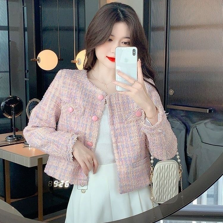 Korean Elegant Long Sleeve Slim-Fit French Style Tweed Jacket | Chanel-Inspired Short Jacket for Women