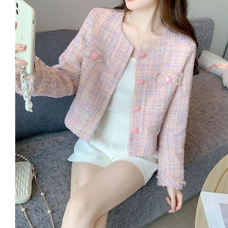 Korean Elegant Long Sleeve Slim-Fit French Style Tweed Jacket | Chanel-Inspired Short Jacket for Women