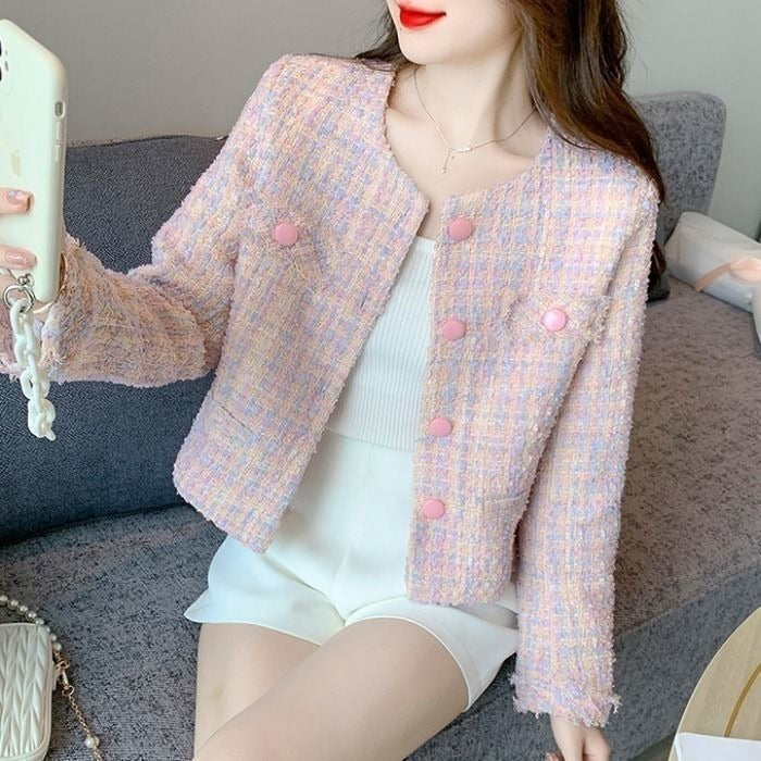 Korean Elegant Long Sleeve Slim-Fit French Style Tweed Jacket | Chanel-Inspired Short Jacket for Women