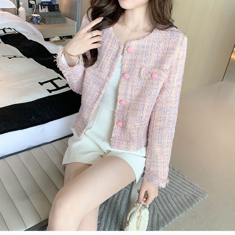 Korean Elegant Long Sleeve Slim-Fit French Style Tweed Jacket | Chanel-Inspired Short Jacket for Women