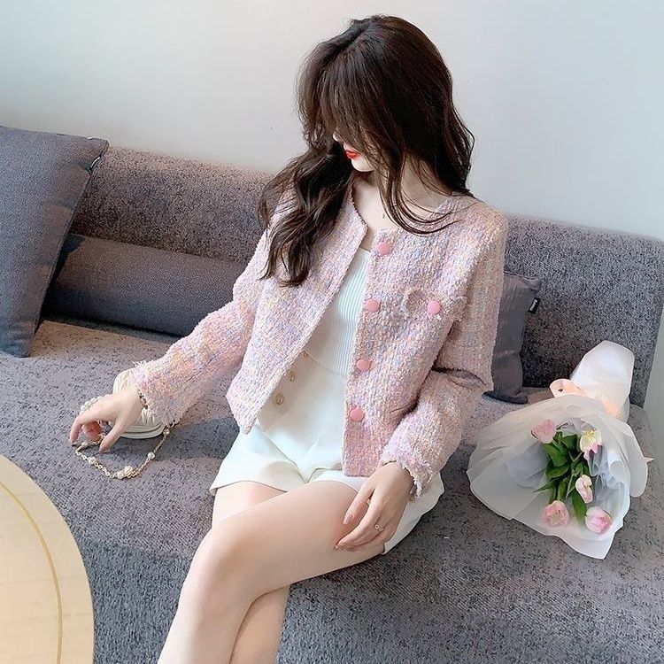 Korean Elegant Long Sleeve Slim-Fit French Style Tweed Jacket | Chanel-Inspired Short Jacket for Women