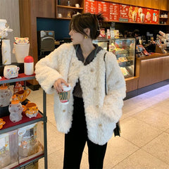 Cozy Lamb Wool Coat for Women | Chanel-Inspired Winter Princess Style Loose Fit Thick Plush Jacket for Petite