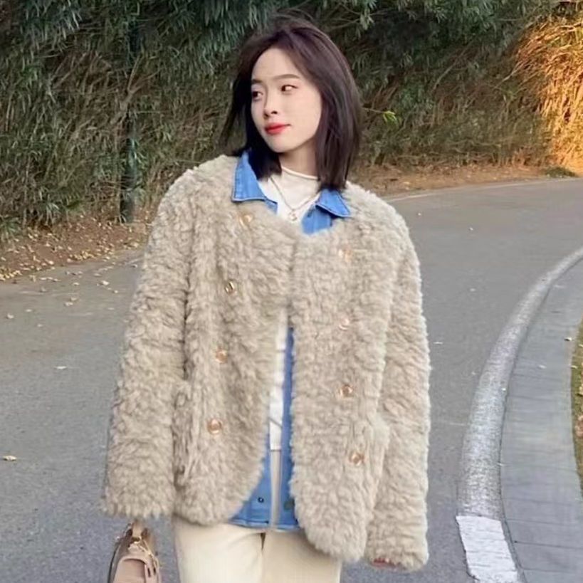 Cozy Lamb Wool Coat for Women | Chanel-Inspired Winter Princess Style Loose Fit Thick Plush Jacket for Petite