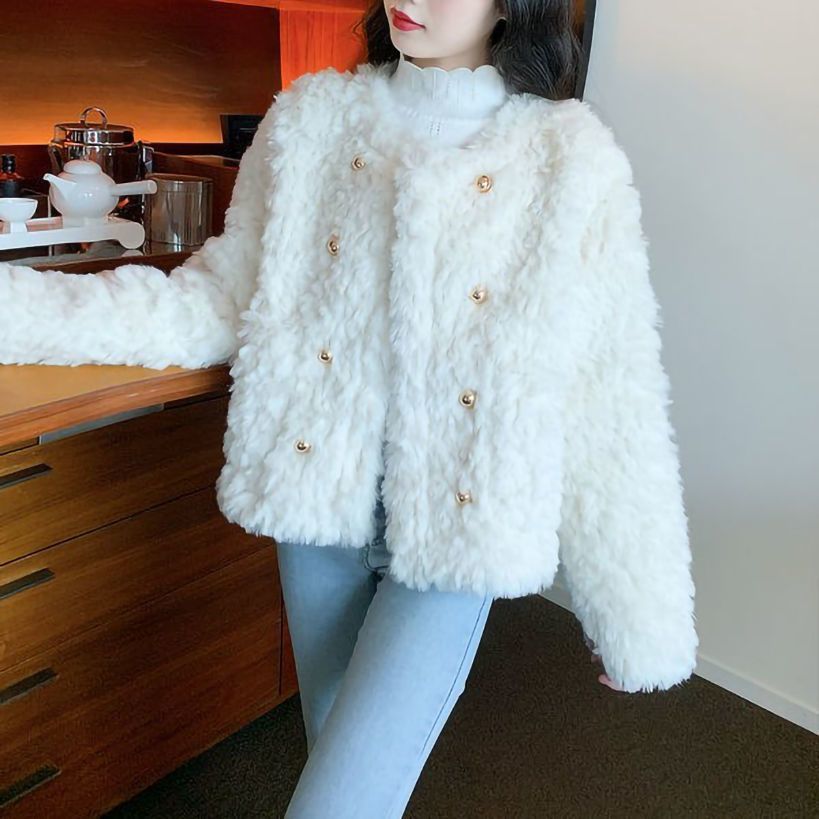 Cozy Lamb Wool Coat for Women | Chanel-Inspired Winter Princess Style Loose Fit Thick Plush Jacket for Petite