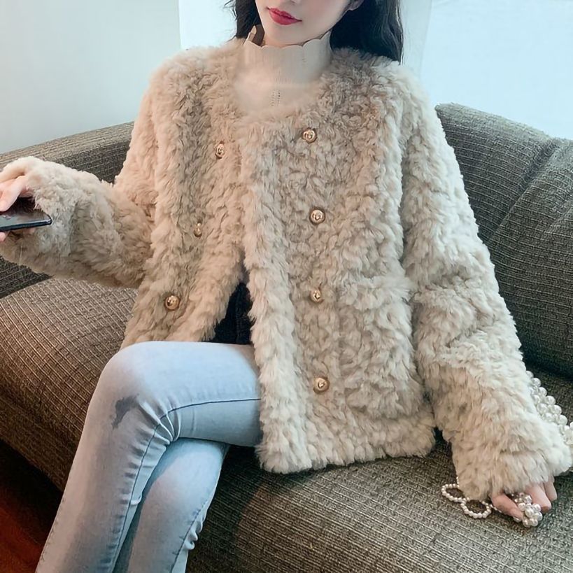 Cozy Lamb Wool Coat for Women | Chanel-Inspired Winter Princess Style Loose Fit Thick Plush Jacket for Petite