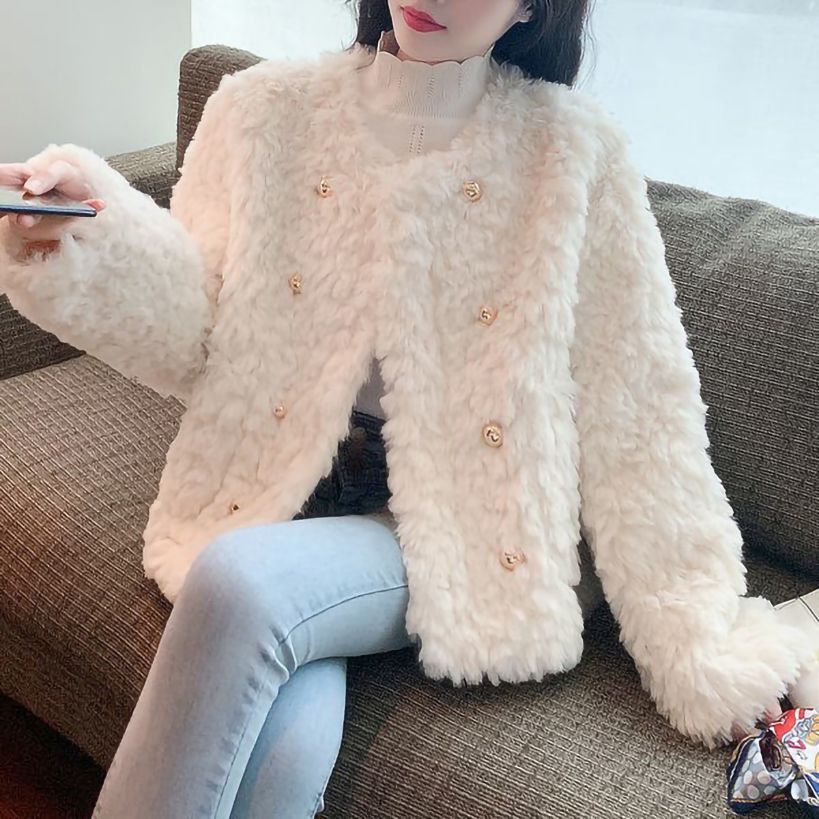 Cozy Lamb Wool Coat for Women | Chanel-Inspired Winter Princess Style Loose Fit Thick Plush Jacket for Petite