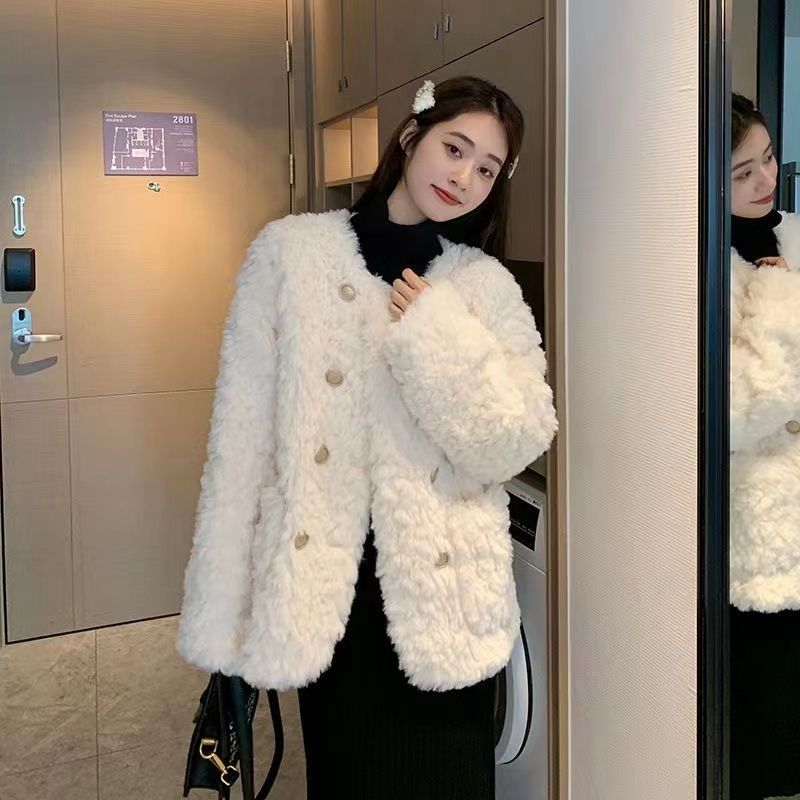 Cozy Lamb Wool Coat for Women | Chanel-Inspired Winter Princess Style Loose Fit Thick Plush Jacket for Petite