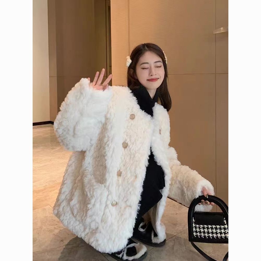 Cozy Lamb Wool Coat for Women | Chanel-Inspired Winter Princess Style Loose Fit Thick Plush Jacket for Petite