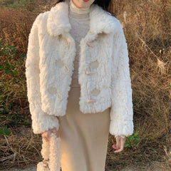 Faux Lamb Fur Toggle Loose Fit Rabbit Fur Lined Jacket