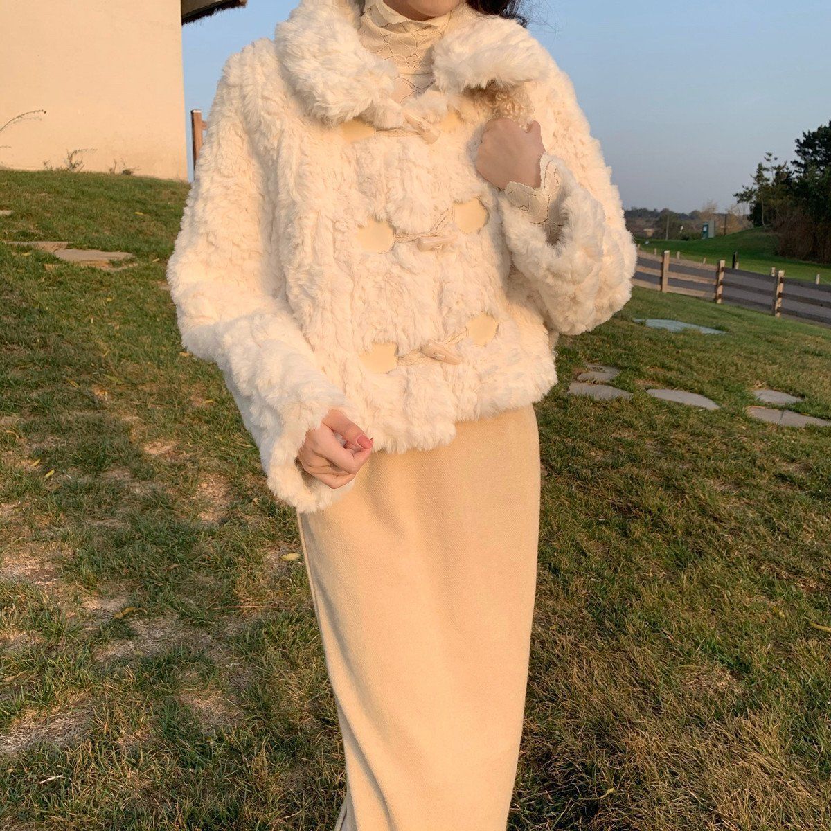 Faux Lamb Fur Toggle Loose Fit Rabbit Fur Lined Jacket