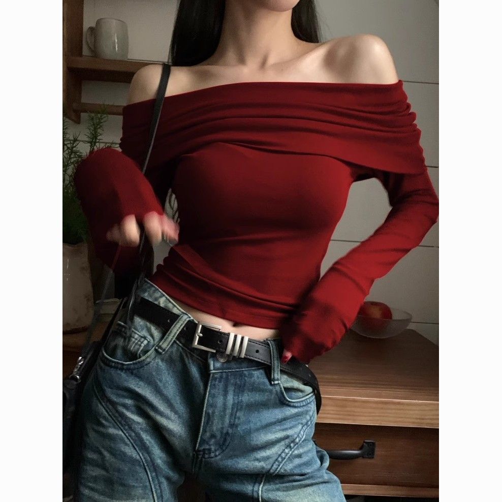 Vintage Off-Shoulder Long Sleeve Top | Slim Fit Cropped Bodysuit with Sexy Collarbone Cutout