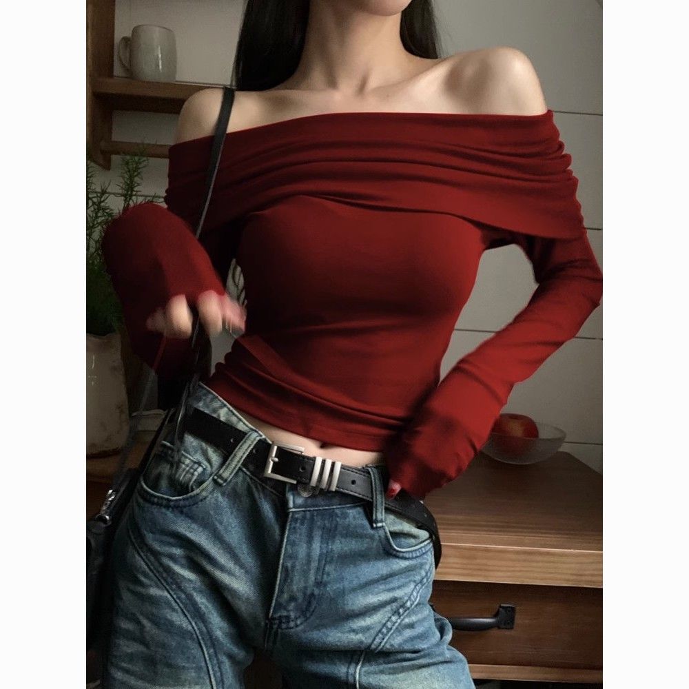 Vintage Off-Shoulder Long Sleeve Top | Slim Fit Cropped Bodysuit with Sexy Collarbone Cutout