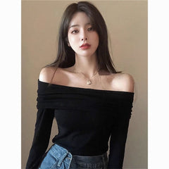 Vintage Off-Shoulder Long Sleeve Top | Slim Fit Cropped Bodysuit with Sexy Collarbone Cutout