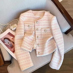 Women's Soft Romantic Powder Pink Pearl Button Tweed Jacket -  Round Neck Long Sleeve Knit Blazer