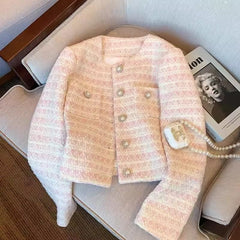 Women's Soft Romantic Powder Pink Pearl Button Tweed Jacket -  Round Neck Long Sleeve Knit Blazer