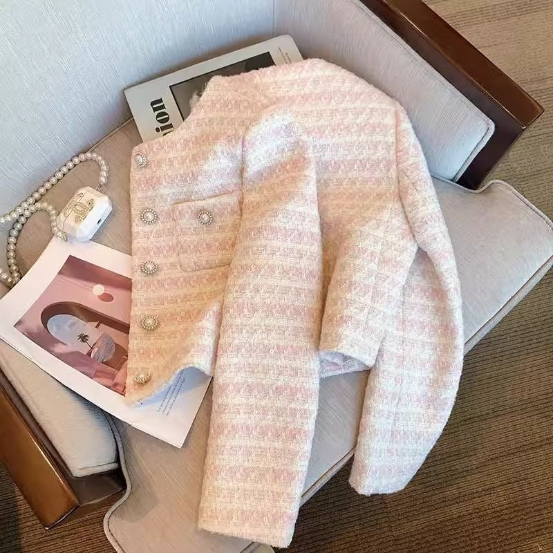 Women's Soft Romantic Powder Pink Pearl Button Tweed Jacket -  Round Neck Long Sleeve Knit Blazer