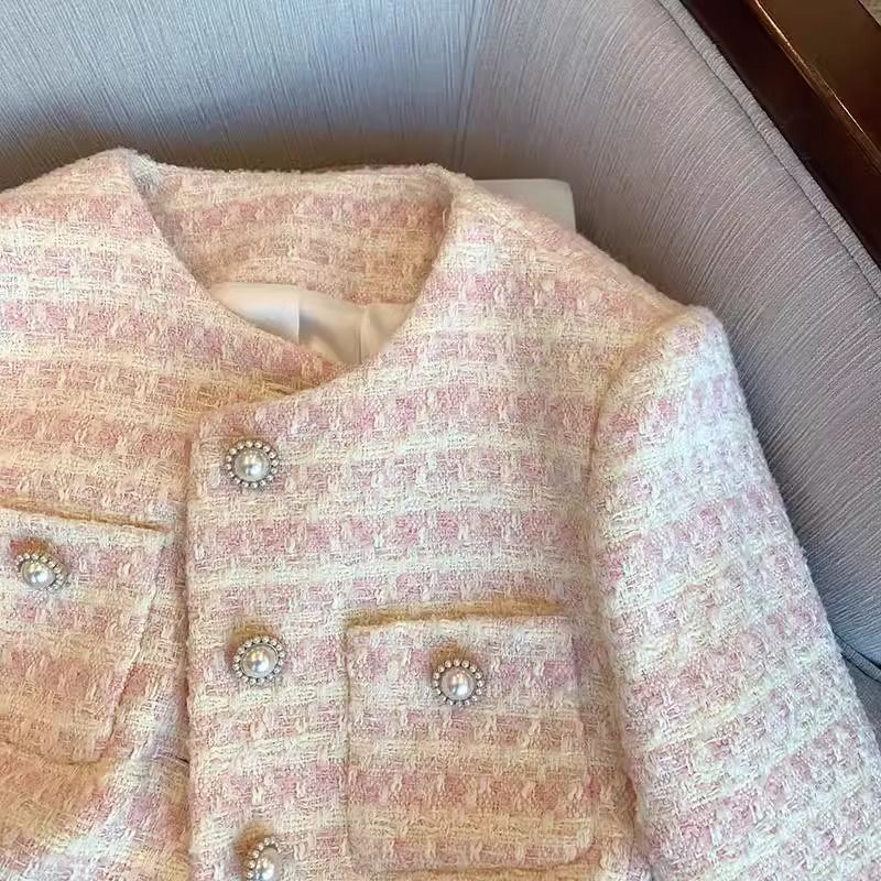 Women's Soft Romantic Powder Pink Pearl Button Tweed Jacket -  Round Neck Long Sleeve Knit Blazer