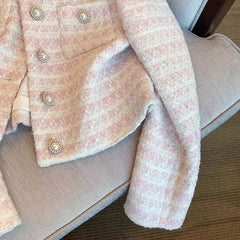 Women's Soft Romantic Powder Pink Pearl Button Tweed Jacket -  Round Neck Long Sleeve Knit Blazer