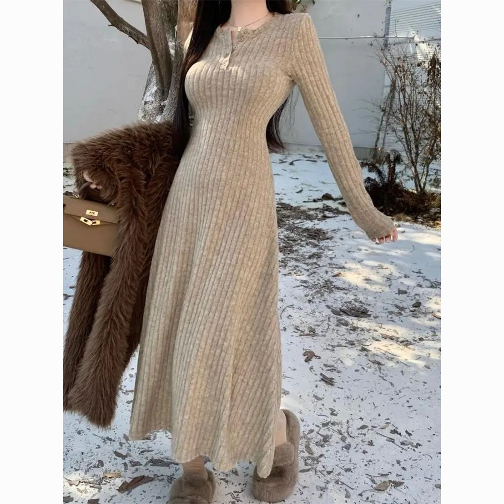 Women's Slim Fit Solid Color Knit Dress - V-Neck French Style Waist-Cinching Midi Dress