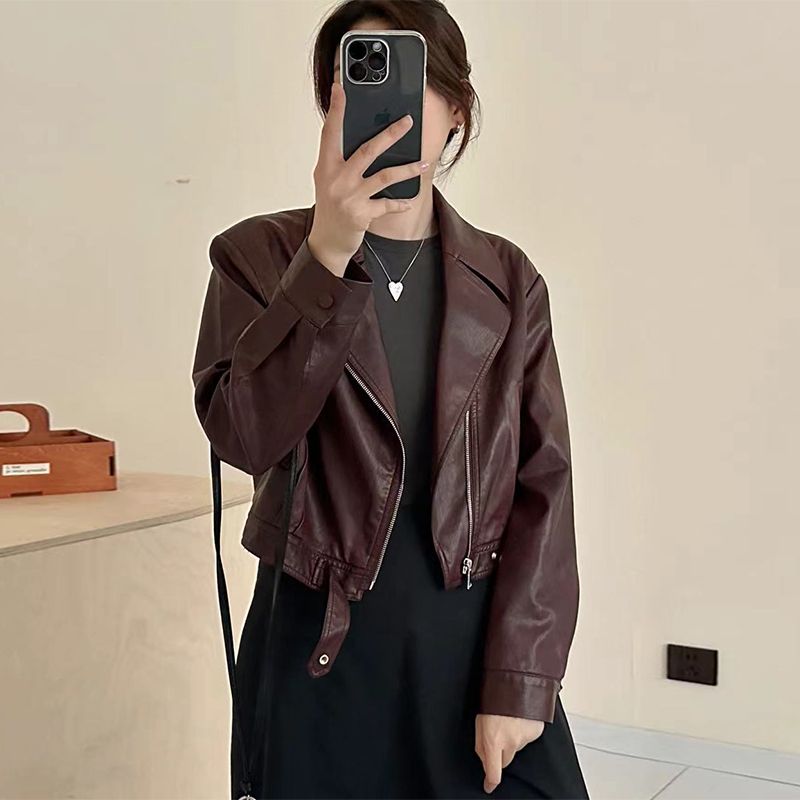 European Style Lapel Short PU Leather Jacket for Women - Petite Fit, Street Style